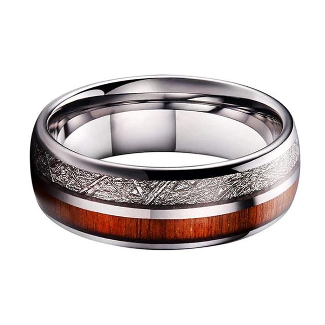 Silver Wedding Band with White Meteorite and Red Wood Inlay