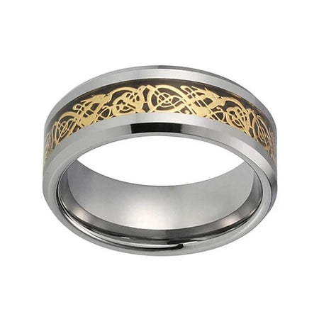 8mm Silver Celtic Dragon Tungsten Ring with Gold Carbon Fiber Inlay for Men and Women