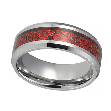 8mm Silver Celtic Dragon Tungsten Ring with Red Carbon Fiber Inlay for Men and Women