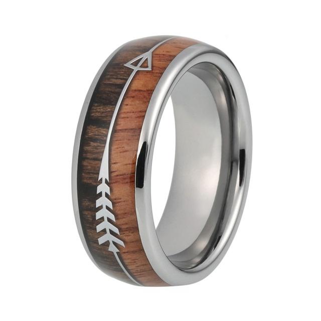 Silver Tungsten Ring with Wood Inlay and Arrow