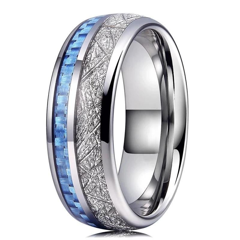 Silver Tungsten Ring with White Meteorite and Blue Carbon Fiber Inlay
