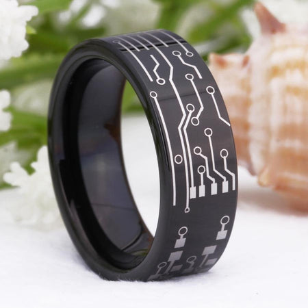 Black Circuit Board Design Tungsten Ring for Men and Women