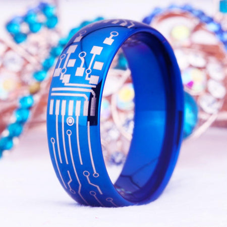 Blue Circuit Board Design Tungsten Ring for Men and Women