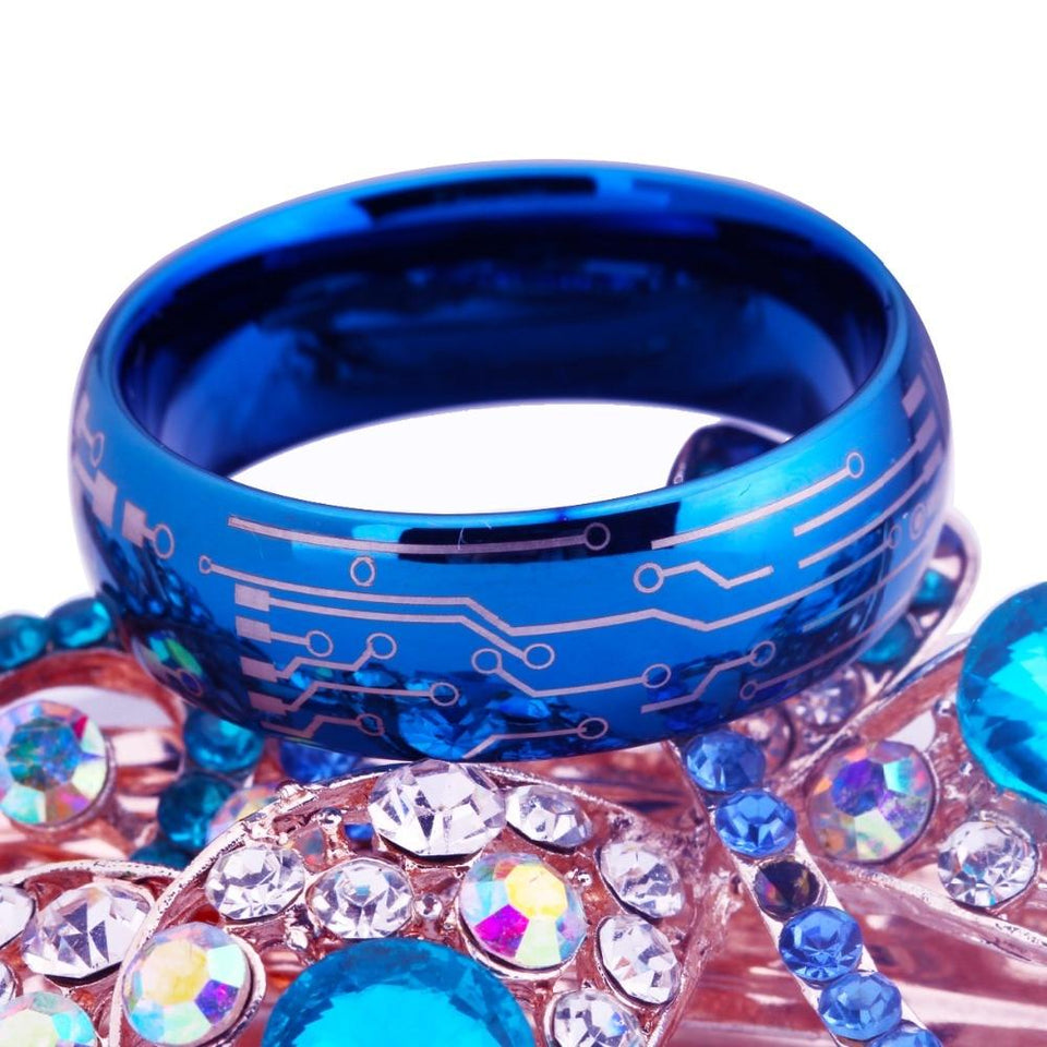 Blue Circuit Board Design Couple Tungsten Ring