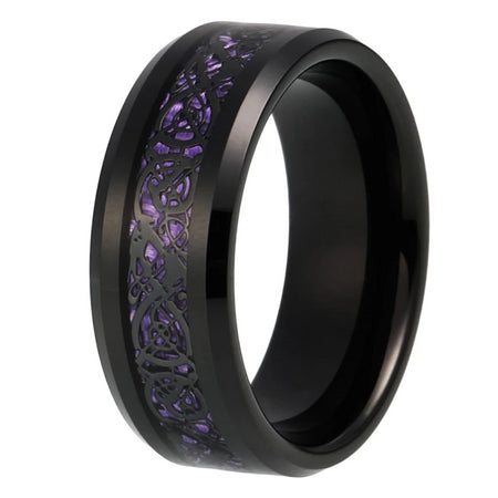 Black Celtic Dragon Tungsten Ring with Purple Carbon Fiber Inlay