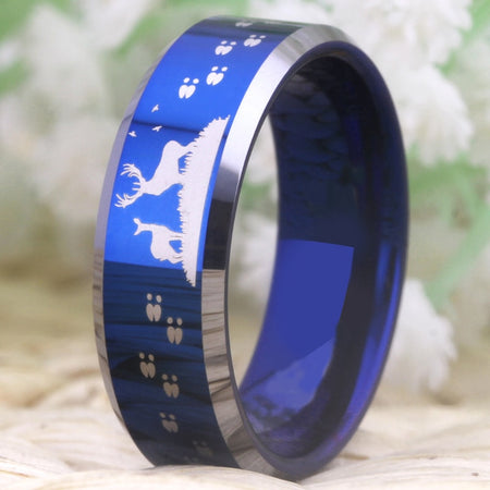 Blue Deer Couple Scene Design Tungsten Ring with Shiny Silver Edges for Men and Women