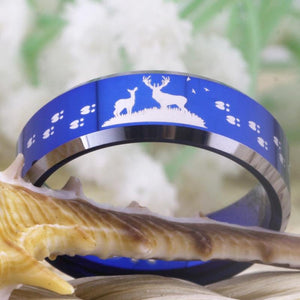 Deer Scene Design Blue Tungsten Ring with Silver Edges