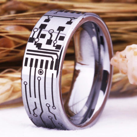 Silver Circuit Board Design Tungsten Ring for Men and Women