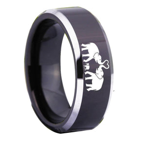Elephant Family Design Black Tungsten Ring with Shiny Silver Edges