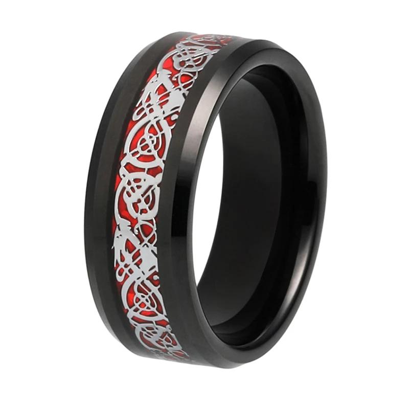 Black Celtic Dragon Tungsten Ring with Red Carbon Fiber Inlay