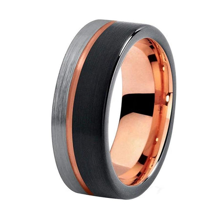 Rose Gold Tungsten Ring with Black and Silver Polished Finish