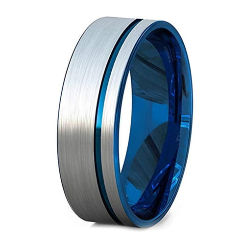 Blue Tungsten Ring with Offset Silver Groove