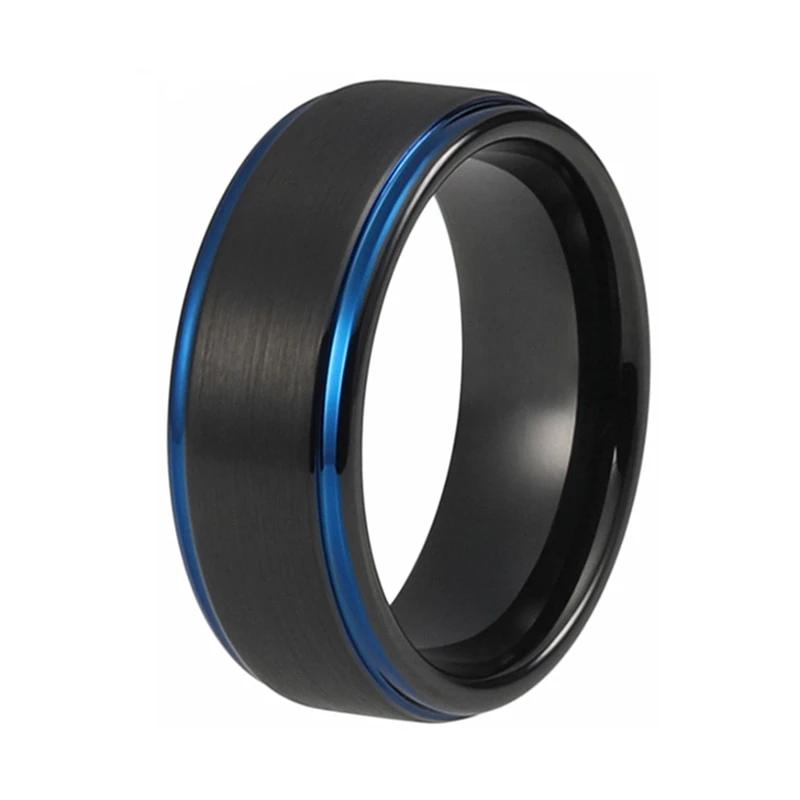 Black Matte Finish Tungsten Ring with Blue Stepped Edges