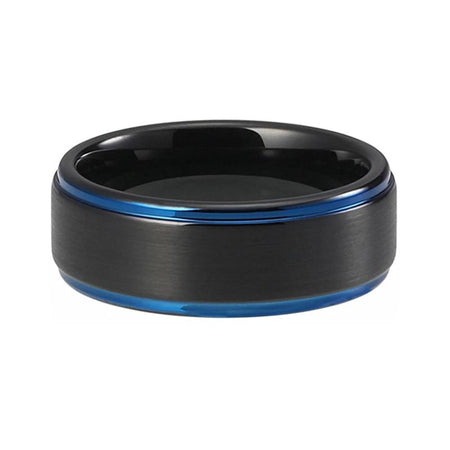 Black Tungsten Ring in Matte Finish with Blue Stepped Edges for Men and Women