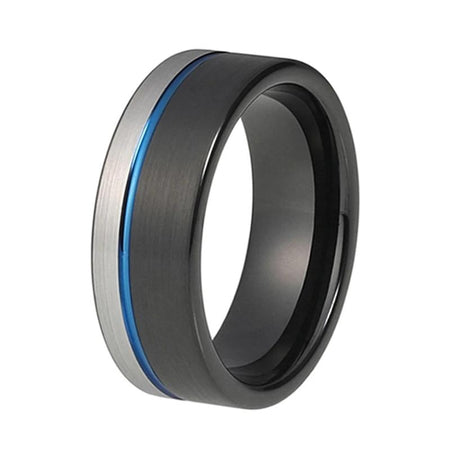 Black Tungsten Ring with Blue Line and Grooved Offset Silver Finish