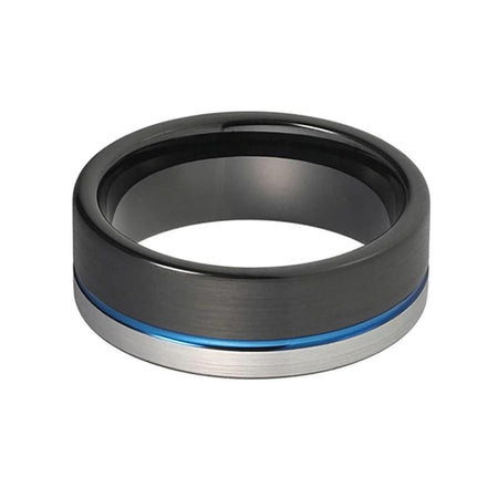 Black Tungsten Ring with Blue and Silver Plated Matte Finish for Men and Women