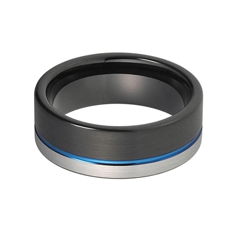 Black Wedding Band with Blue Line and Grooved Offset Silver Finish