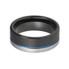 Black Wedding Band with Blue Line and Grooved Offset Silver Finish