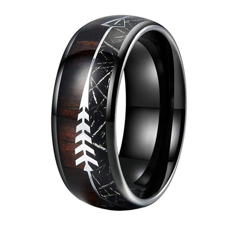 Black Tungsten Ring with Wood and Meteorite Inlay in Arrow Design