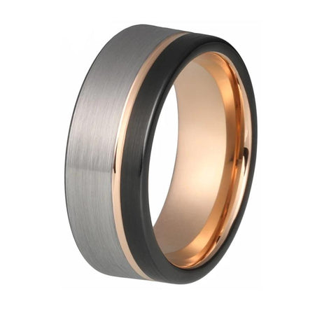 Rose Gold Tungsten Ring with Black and Silver Matte Finish