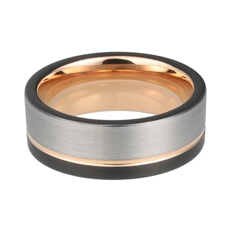 Rose Gold Tungsten Ring with Offset Grooved Silver and Black Matte Finish for Men and Women