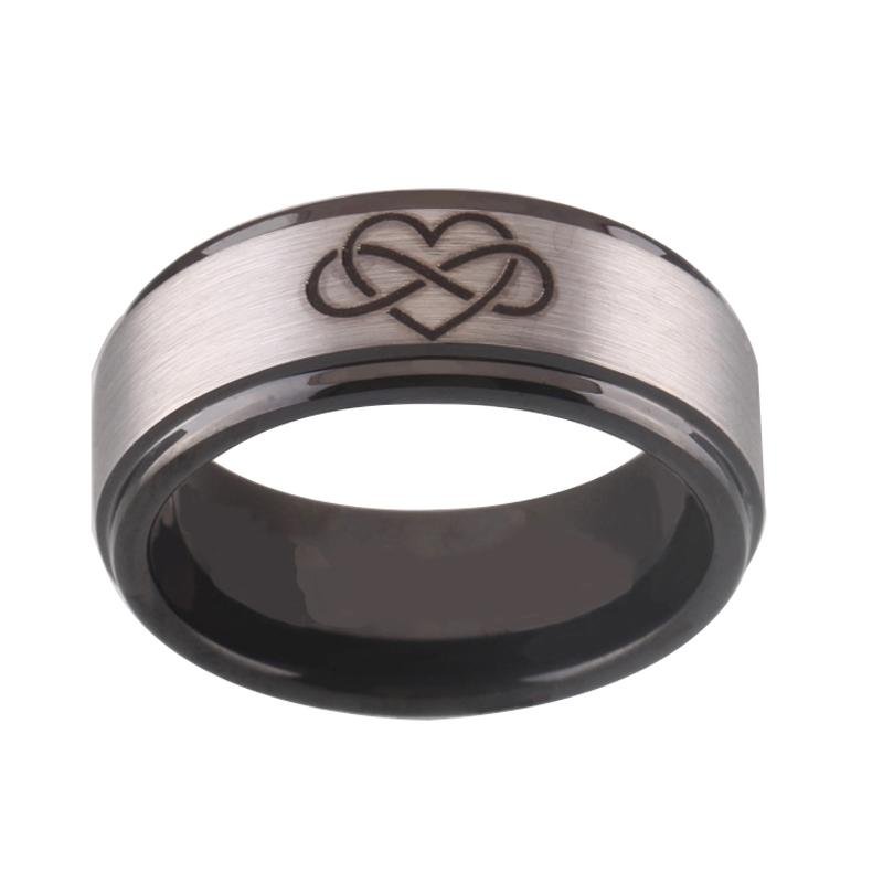 Silver Brushed Infinity Heart Black Tungsten Ring in 8mm Width