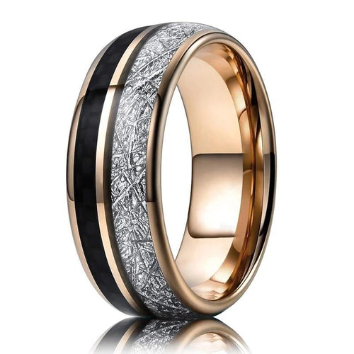Rose Gold Tungsten Ring with White Meteorite and Black Carbon Fiber Inlay