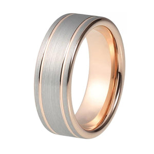 Rose Gold Tungsten Ring with Double Grooves and Silver Brushed Finish