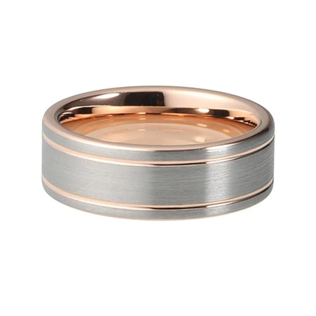 Rose Gold Tungsten Ring with Double Lines and Brushed Matte Silver Surface for Men and Women