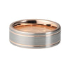 Rose Gold Wedding Band with Double Grooves and Silver Brushed Finish