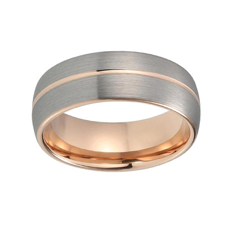 Rose Gold Tungsten Ring with Thin Line Brushed Matte Silver Surface for Men and Women