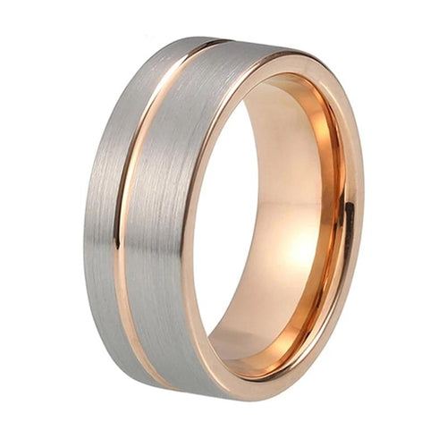Rose Gold Tungsten Ring with Offset Groove and Silver Brushed Finish