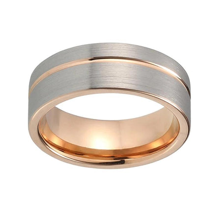 Rose Gold Tungsten Ring with Offset Grooved Silver Matte Finish for Men and Women