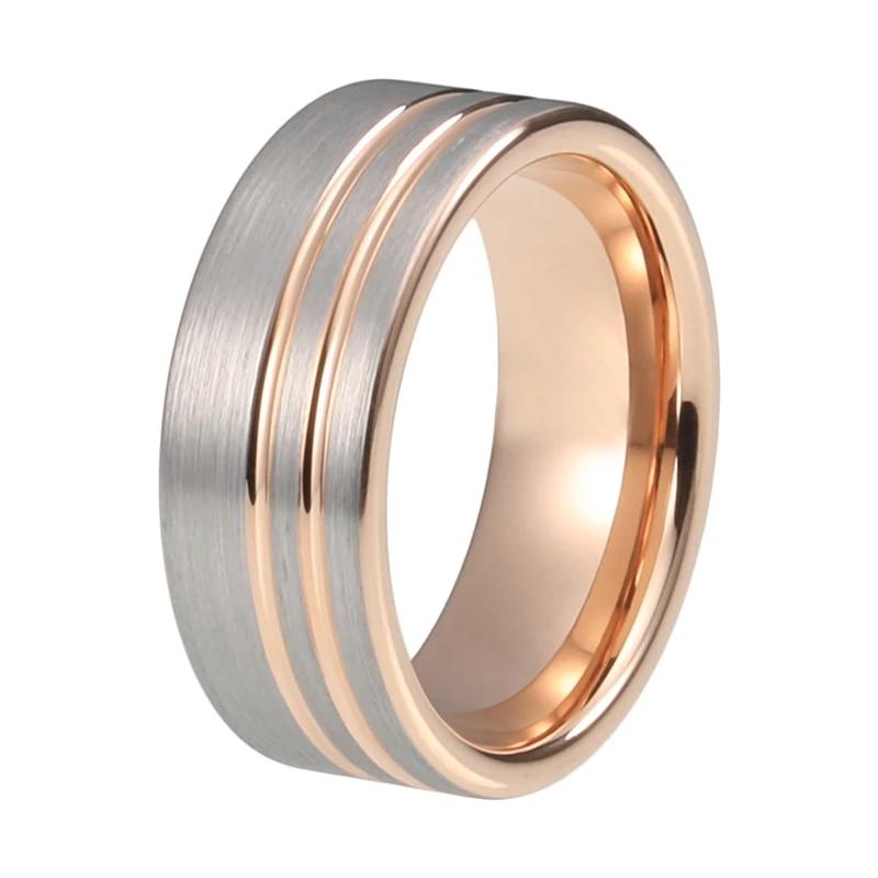 Rose Gold Tungsten Ring with Offset Double Grooves and Silver Brushed Finish