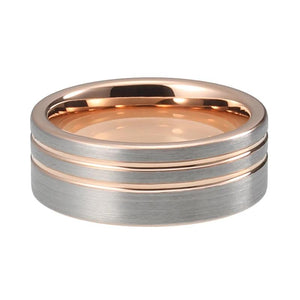 Rose Gold Wedding Band with Offset Double Grooves and Silver Brushed Finish