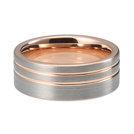 Rose Gold Tungsten Ring with Offset Double Grooved Silver Matte Finish for Men and Women