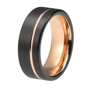 Rose Gold Tungsten Ring with Offset Grooved Black Matte Finish