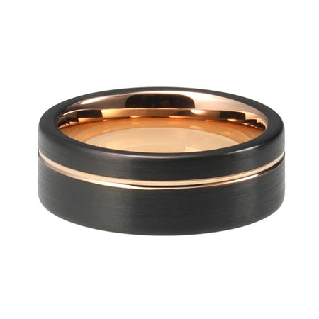 Rose Gold Tungsten Ring with Offset Grooved Black Matte Finish for Men and Women