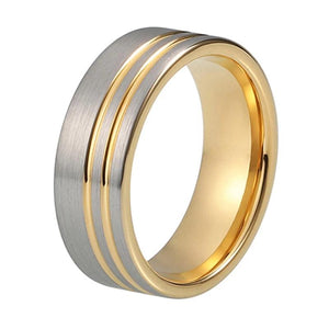 Yellow Gold Tungsten Ring with Double Grooves and Silver Polished Finish