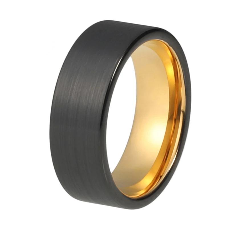 Yellow Gold Tungsten Ring with Black Brushed Finish and Pipe Cut Design