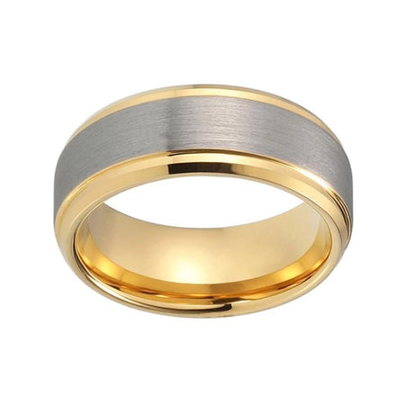 Yellow Gold Tungsten Ring with Silver Brushed Finish and Beveled Edges for Men and Women