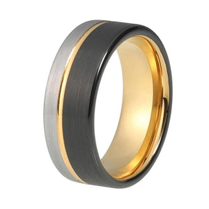 Yellow Gold Tungsten Ring with Black and Silver Plating