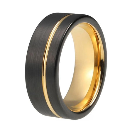 Yellow Gold Tungsten Ring in Pipe Cut Design with Black Matte Finish