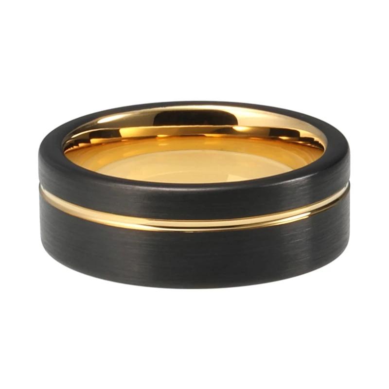 Yellow Gold Wedding Band in Pipe Cut Design with Black Matte Finish