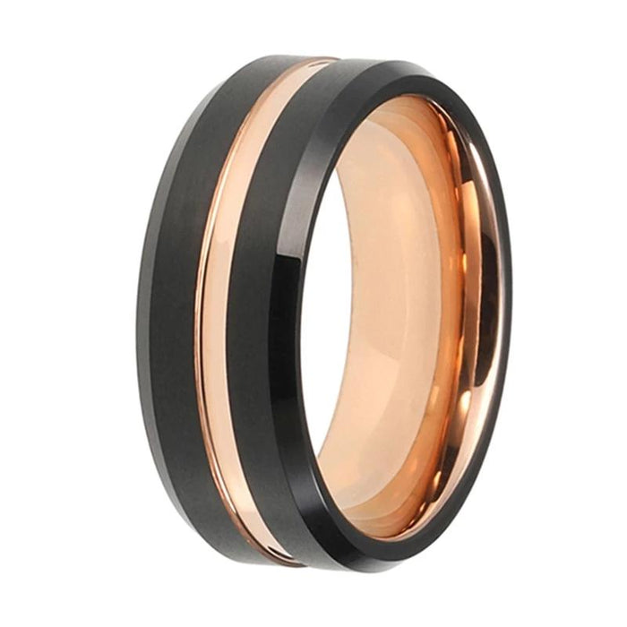 Rose Gold Tungsten Ring with Bevel Edges and Black Plating
