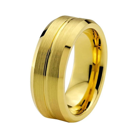 Yellow Gold Tungsten Ring with Grooved Brush Finish