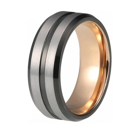 Rose Gold Tungsten Ring with Black Grooved Center and Brushed Silver Finish