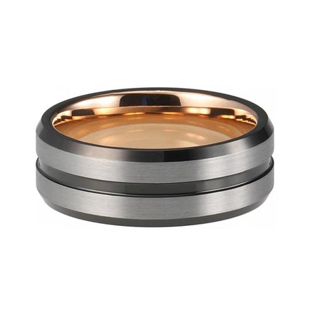 Silver and Black Tungsten Ring with Rose Gold Brushed Finish and Grooved Center for Men and Women