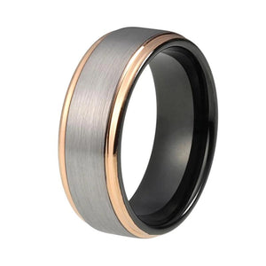 Black Tungsten Ring with Gold Edges and Matte Brushed Silver Finish