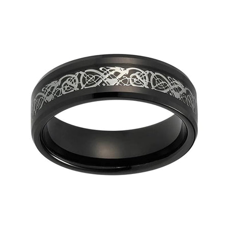 8mm Black Celtic Dragon Tungsten Ring with Silver Carbon Fiber Inlay for Men and Women